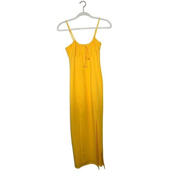 Gianni Bini Maya Ruched Tie Sweetheart Neck Midi Dress Size 2 Mustard Yellow - Picture 2 of 8